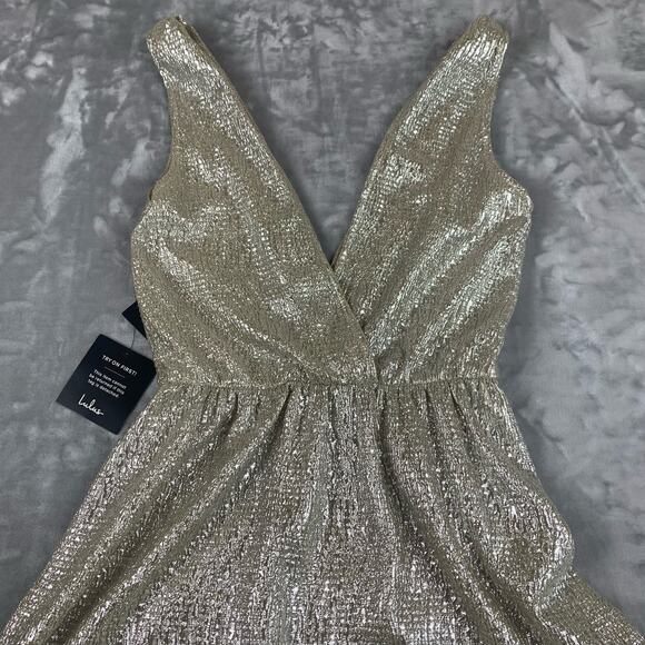 Lulus Gold Shimmering Maxi Dress Womens Small Deep V Neck Formal Gown (0405)NWT - Picture 9 of 12